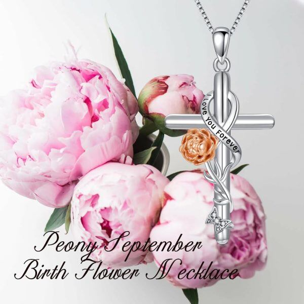 Sterling Silver Birth Flower Peony Cross Pendant Necklace for women-5