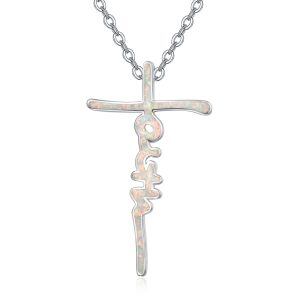 Sterling Silver Opal Faith Cross Pendant Necklace for women-0