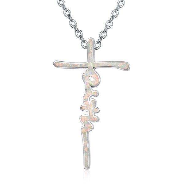 Sterling Silver Opal Faith Cross Pendant Necklace for women-0