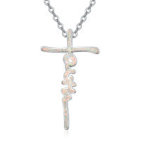 wholesale 925 Sterling Silver White Fire Opal Faith Cross Pendant Necklace for Women Christian s- Rhodium Plated