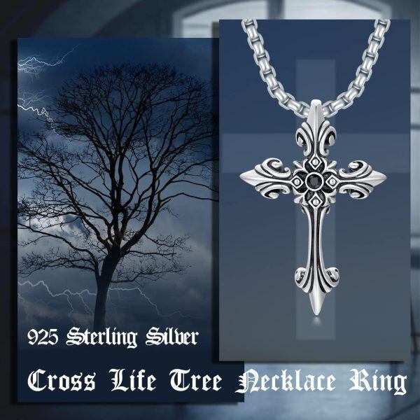 Sterling Silver Tree of Life Cross Pendant Necklace with Stainless Steel Chain for men-5