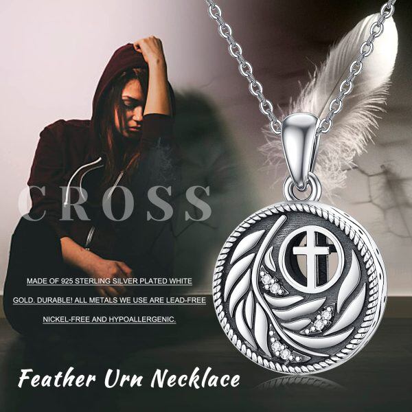 Sterling Silver Feather Cross Urn Necklace for women-6