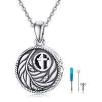 wholesale 925 Sterling Silver Round Leaf & Cross Memorial Cremation Jewelry Pendant Necklace for Ashes- Oxidized/Oxidised