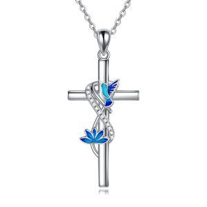 Sterling Silver Hummingbird Lotus Cross Pendant Necklace for women-0