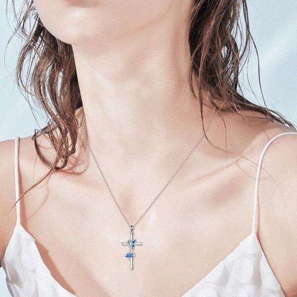 Sterling Silver Hummingbird Lotus Cross Pendant Necklace for women-2