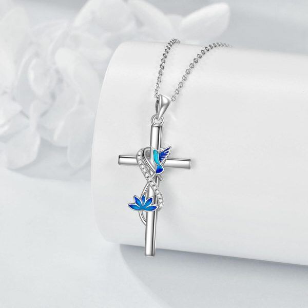 Sterling Silver Hummingbird Lotus Cross Pendant Necklace for women-3