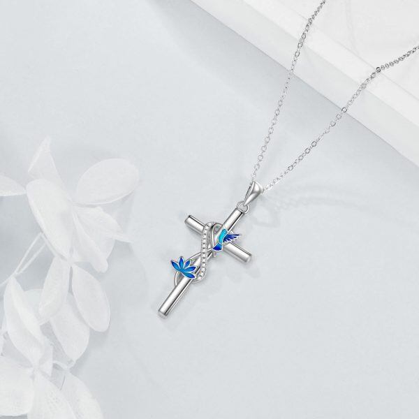 Sterling Silver Hummingbird Lotus Cross Pendant Necklace for women-4