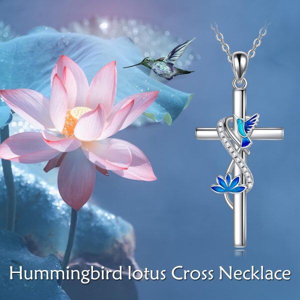 Sterling Silver Hummingbird Lotus Cross Pendant Necklace for women-5