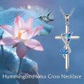 wholesale 925 Sterling Silver CZ Hummingbird & Lotus Cross Pendant Necklaces for Women Girls Mothers' Day Gifts-0-5