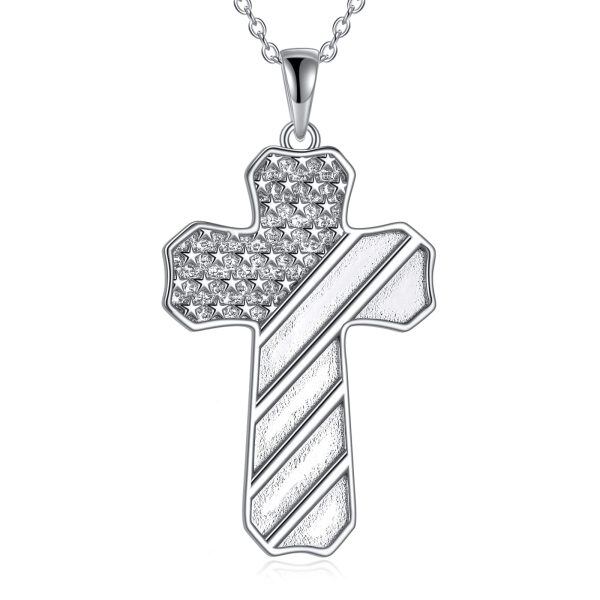 Sterling Silver Oxidized American Flag Cross Pendant Necklace for women-0