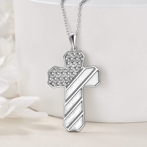 Sterling Silver Oxidized American Flag Cross Pendant Necklace for women-4