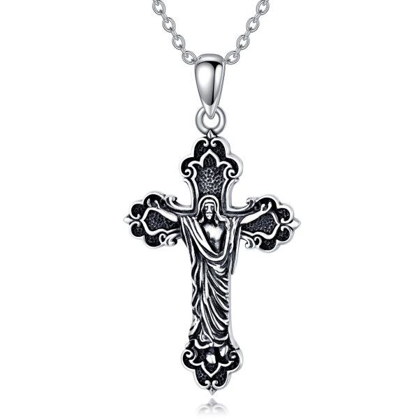 Sterling Silver Oxidized Jesus Christ Cross Pendant Necklace for Men Women-0