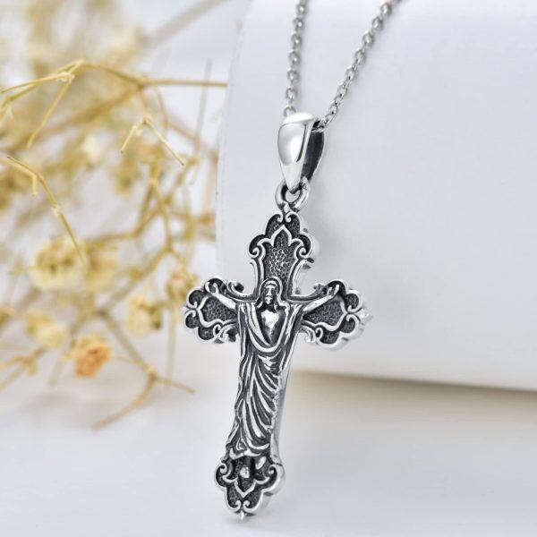 Sterling Silver Oxidized Jesus Christ Cross Pendant Necklace for Men Women-4