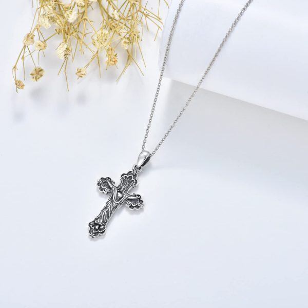 Sterling Silver Oxidized Jesus Christ Cross Pendant Necklace for Men Women-5