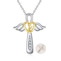 wholesale 925 Sterling Silver Angel Cross Pendant Necklace with Praying Boy in Heart-Shaped Wings and Cubic Zirconia Drops for Boys' First Communion or Christening Gift- Rhodium And Gold Plated