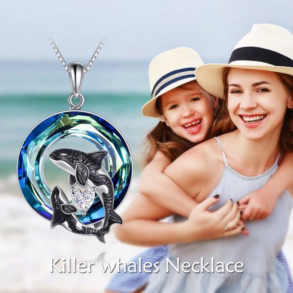 Sterling Silver Crystal Killer Whale Pendant Necklace For Women-7