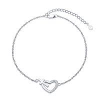 wholesale 925 Sterling Silver Adjustable Women's Anklet w/ CZ Heart & Cross Charm- Rhodium Plated