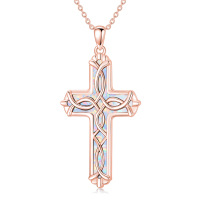wholesale Rose Gold 925 Sterling Silver Celtic Knot White Opal Cross Pendant Necklace for Women and Girls- Rose Gold Plated