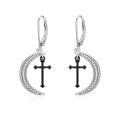 wholesale 925 Sterling Silver Crescent Moon & Cross Dangle Earrings with Cubic Zirconia for Women Teenage Girls Gothic Vintage  4cm Long-0-0