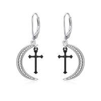 wholesale 925 Sterling Silver Crescent Moon & Cross Dangle Earrings with Cubic Zirconia for Women Teenage Girls Gothic Vintage  4cm Long- Two Tone