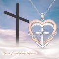 wholesale 925 Sterling Silver Cubic Zirconia Accent Double Heart Cross Pendant Necklace for Women-0-5
