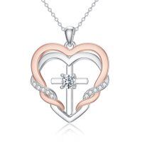 wholesale 925 Sterling Silver Cubic Zirconia Accent Double Heart Cross Pendant Necklace for Women- Rhodium And Rose Gold Plated