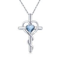 wholesale 925 Sterling Silver Blue Crystal Heart Cross Pendant Necklaces s for Women Girls- Rhodium Plated
