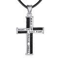 wholesale 925 Sterling Silver Leather Men's Christian Cross Pendant Necklaces with FAUGHT THE GOOD FIGHT Engraving - For Boys Girls and Adults-0-0