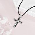 wholesale 925 Sterling Silver Leather Men's Christian Cross Pendant Necklaces with FAUGHT THE GOOD FIGHT Engraving - For Boys Girls and Adults-0-3