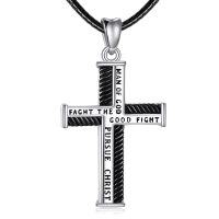wholesale 925 Sterling Silver Leather Men's Christian Cross Pendant Necklaces with FAUGHT THE GOOD FIGHT Engraving - For Boys Girls and Adults- Rhodium Plated