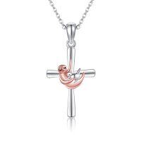 wholesale 925 Sterling Silver Sloth Moon Cross Pendant Necklace for Women Girls- Rhodium And Rose Gold Plated