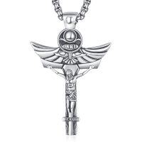 wholesale 925 Sterling Silver Angel Winged Crucifix Pendant Necklace with INRI and Wings Design - Mens Catholic s- Oxidized/Oxidised